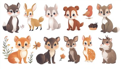Fototapeta premium A colorful illustration of cute woodland animals in a playful cartoon style.