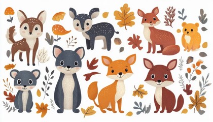 Charming woodland animals illustrated with autumn leaves and foliage in a playful, colorful style.