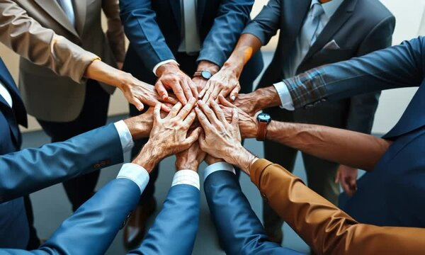 A close-up shot of a group of hands joined together in a display of teamwork.