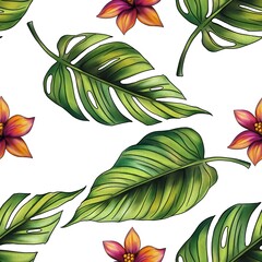 Monstera and Jungle Leaves with Flowers Big Design Seamless Pattern on White Background © Khrystyna Turchyn
