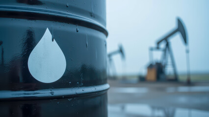 Black oil barrel in foreground with water droplets, oil pump jacks in background under cloudy sky, industrial setting, energy production scene