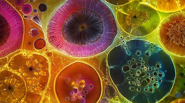 Microscopic view of plant cells, focusing on food and nutrition science. 