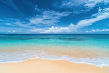 Obraz premium Tropical beach escape featuring clear waters and golden sands, ideal for summer vacations and serene getaways in sunny paradise settings