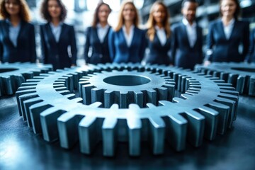 Obraz premium Group of Business Professionals Standing Behind Large Metallic Gear in Modern Office Environment, Showing Unity and Team Collaboration in Corporate Setting
