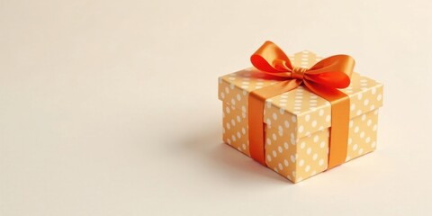 Obraz premium A Delightful Gift Box with Orange Ribbon and Polka Dots on a Pale Background