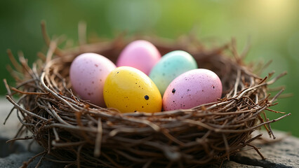 Obraz premium bird's nest colorful speckled eggs easter spring theme
