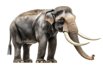 Fototapeta premium A majestic grey elephant with large tusks and wrinkled skin, standing calmly, isolated on white background .