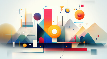 Obraz premium Vibrant abstract illustration featuring geometric shapes, mountains, and sun. colorful design evokes sense of modernity and creativity