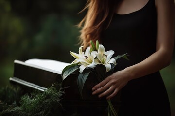 A grieving woman holding white lilies at a funeral.