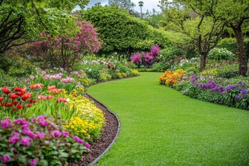 Obraz premium Charming floral garden bursting with vibrant blooms and lush greenery, perfect for nature lovers seeking tranquil outdoor inspiration and seasonal beauty