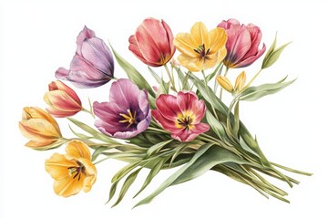 Obraz premium Colorful bouquet of tulips isolated on white background. 