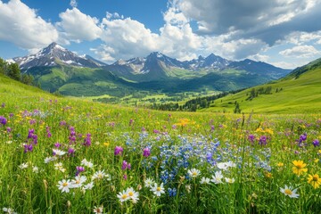 Fototapeta premium Serene mountain landscape showcasing lush meadows and colorful wildflowers, ideal for nature lovers and outdoor adventure seekers seeking tranquility and beauty