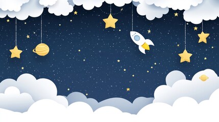 Cute space clouds background with rocket and stars, for kids room design, or children's book