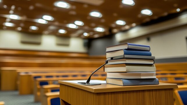 Stacked Books on Podium in Empty Courthouse with Wooden Accents