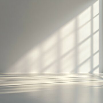Daylight illuminates a white wall displaying shadows cast from a window