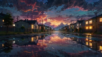 Fototapeta premium 🌈 8K Ultra HD Anime Scenery – Magical Dusk Alley with Reflective Puddles, Vibrant Rainbow Clouds & Dreamy Fantasy Lights ✨