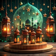 Obraz premium Ramadan Kareem background with mosque and arabic lanterns new background