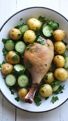 Roasted Chicken Leg with Potatoes and Cucumbers