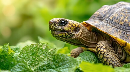 Obraz premium Close-Up of a Tortoise on Green Leaves in Natural Habitat