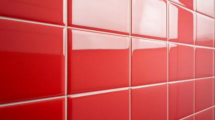 A wall with tiles of vibrant red color, separated by a white border. Tiles create a symmetrical pattern. The scene offers a close-up perspective.