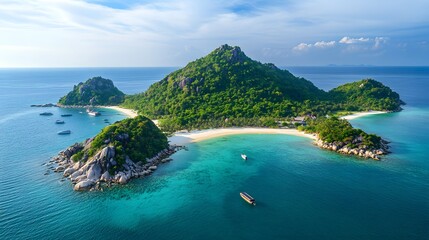Fototapeta premium Stunning Aerial View of Tropical Island Paradise White Sand Beach Lush Green Hills Turquoise Ocean