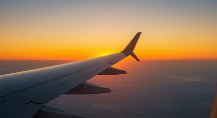 Obraz premium Airplane wing at sunset over landscape horizon