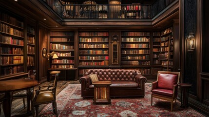 Aged wooden bookshelves filled with antique books, warm and cozy library setting