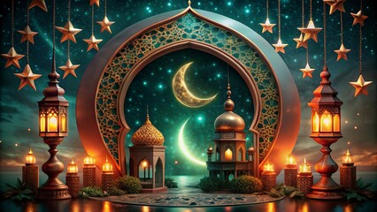 Obraz premium Ramadan Kareem background with mosque and arabic lanterns new background