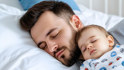 Father and Baby Sleeping Peacefully on Soft Bed During Daytime