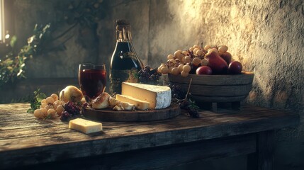 Rustic Wooden Table with Cheese Platter and Fruits
