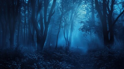 Fototapeta premium Enchanted Halloween Magic Forest at Night, Spooky Dark Woods with Glowing Pumpkins, Witchy Moonlit Scene, Mystical Background for Party Invitations, Digital Art