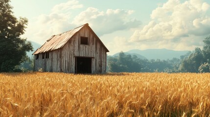 Obraz premium An abandoned wooden barn with sun-bleached timber, set in a golden wheat field, warm countryside aesthetic