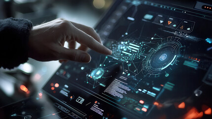 Fototapeta premium sleek augmented user interface overlay on modern touchscreen device showcases advanced technology and data visualization