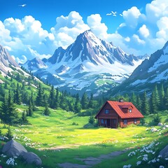 Obraz premium A cabin sits nestled in a lush green valley with mountains