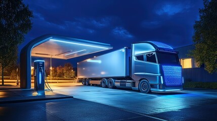 Hydrogen-Powered Semi Truck Refueling at High-Tech Station at Night