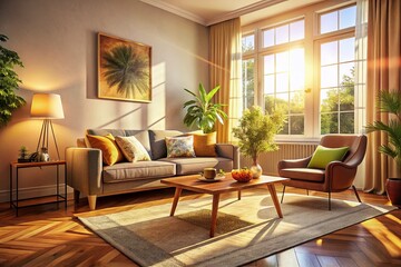 Cozy Living Room Interior Design: Warm Sunlight Streaming Through Window
