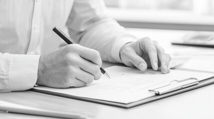 Fototapeta premium Close-up of a businessman writing notes with a pen on a clipboard, symbolizing planning and organization in a work setting.