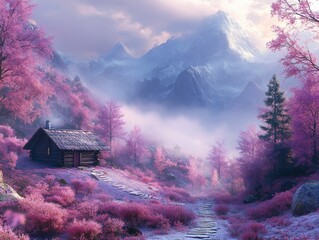 Enchanting Cabin Retreat: A dreamy landscape with pink blossoms celebrating International Women's Day against a backdrop of majestic, mist-shrouded mountains.