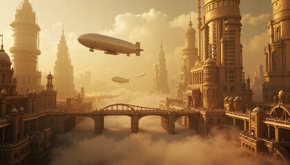 Naklejka premium Futuristic steampunk cityscape with airships and brass buildings, adventure
