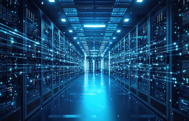 A futuristic data center with glowing blue servers and digital data streams flowing through the corridor. Ideal for technology, cloud computing, and cybersecurity themes