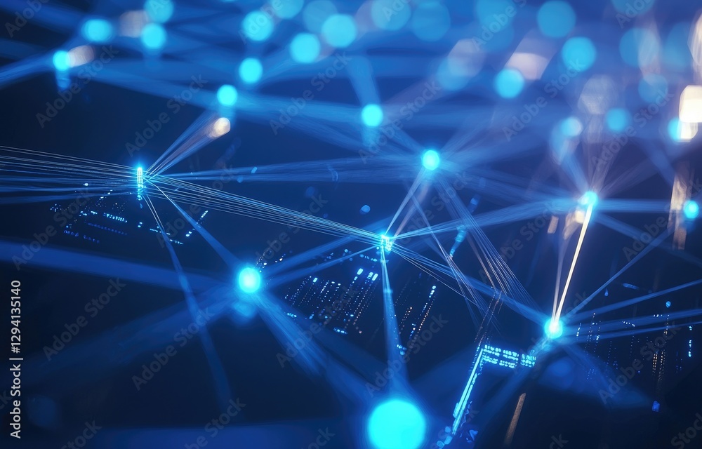 Poster A futuristic network visualization with glowing blue nodes connected by digital lines, representing data flow and connectivity. Ideal for technology, cybersecurity, and communication themes