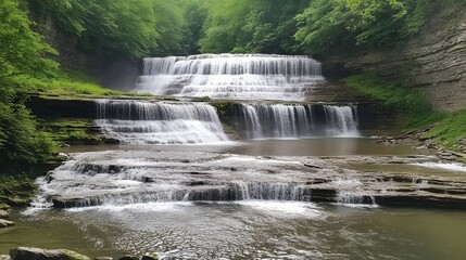 Obraz premium Serene Multi Tiered Waterfall Cascading Through Lush Green Forest Landscape