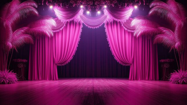 Elegant vintage theater stage with pink curtains and glamorous lighting: perfect backdrop for cabaret, performance, and entertainment themes