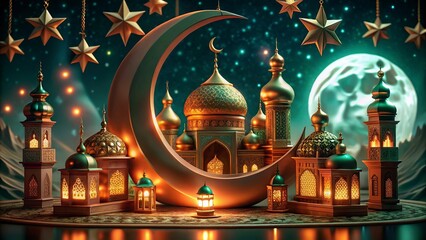 Obraz premium Ramadan Kareem background with mosque and arabic lanterns new background