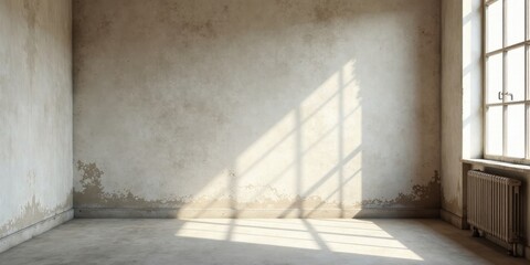 Empty Room with Distressed Walls and Sunlight Streaming Through Window