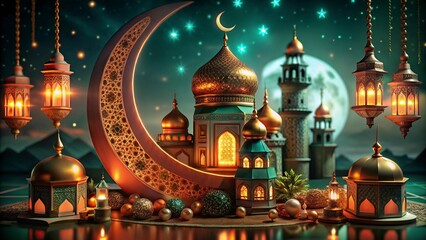 Obraz premium Ramadan Kareem background with mosque and arabic lanterns new background