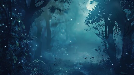 Enchanted Halloween Magic Forest at Night, Spooky Dark Woods with Glowing Pumpkins, Witchy Moonlit Scene, Mystical Background for Party Invitations, Digital Art