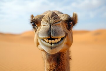 A Smiling Camel Appears Happy In The Deserts Beautiful Landscape