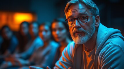 Fototapeta premium An older man with glasses and a beard intently watches a film screening with an audience in blue lighting