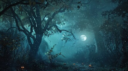Fototapeta premium Enchanted Halloween Magic Forest at Night, Spooky Dark Woods with Glowing Pumpkins, Witchy Moonlit Scene, Mystical Background for Party Invitations, Digital Art